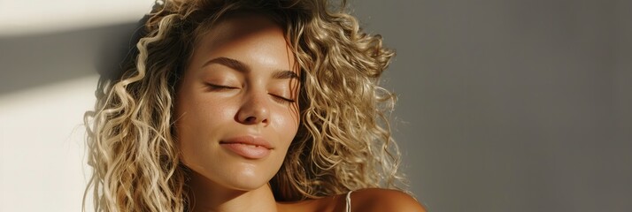 Model blonde woman with shiny, curly hair and glowing, tanned skin natural beauty, profile view, eyes closed