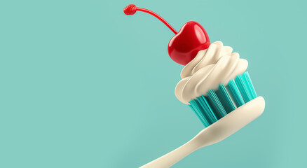 Brush Away Temptation: Toothbrush Reminder with Whipped Cream And A Cherry.  - obrazy, fototapety, plakaty