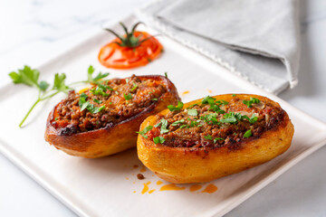 Traditional Turkish food; baked potato dish with minced meat, Turkish name; Patates karniyarik