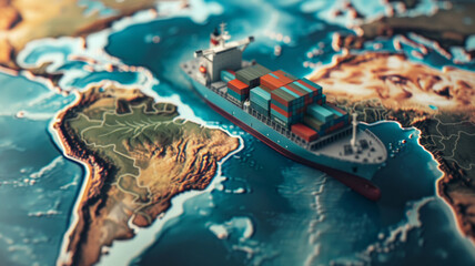 Miniature cargo ship on a world map, symbolizing global trade routes and economic exchange.