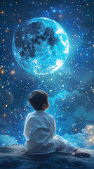 A child sits under a starry sky, surrounded by glowing lights and a crescent moon