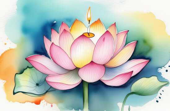 Pink lotus flower, watercolor isolated on splash blue background. abstract water color lotus. Watercolor background. Wesak day