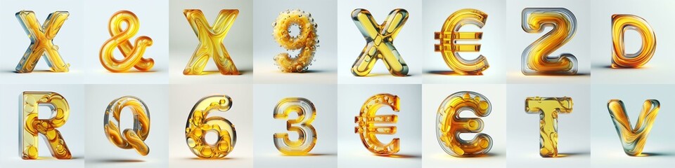 Yellow glass 3D Lettering Typeface. AI generated illustration
