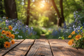 Naklejka na ściany i meble Sunlit Rustic Wooden Table Top Surface in a Field of Wildflowers Forest Clearing Glade Meadow Background For Product Placement