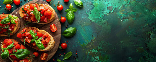 Obraz na płótnie Canvas Crispy bruschetta with ripe tomatoes and fresh basil on a rustic wooden serving board with a moss green background Top view space to copy.