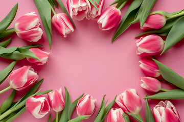 Women's Day, Mother's day top view, light pink solid background; frame from pink tulips flowers, studio light