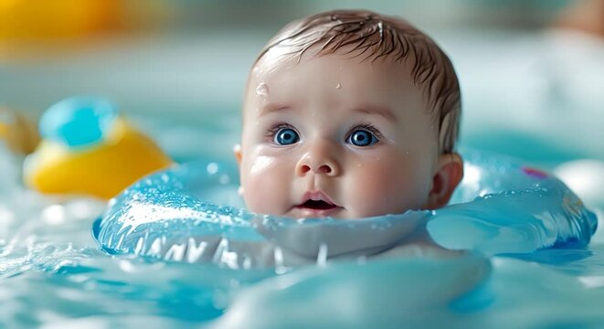 Baby floating wearing a donut. Baby enjoying in the jacuzzi. Spa for babies. Hydrotherapy session for children. Baby swimming. Baby float. Popular activity massage for babies  video