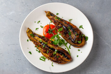 Traditional delicious Turkish food; Meat and Eggplant dish, (Turkish name; Karniyarik)