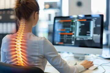 Woman With Back Pain While working in front of the computer at the office - obrazy, fototapety, plakaty