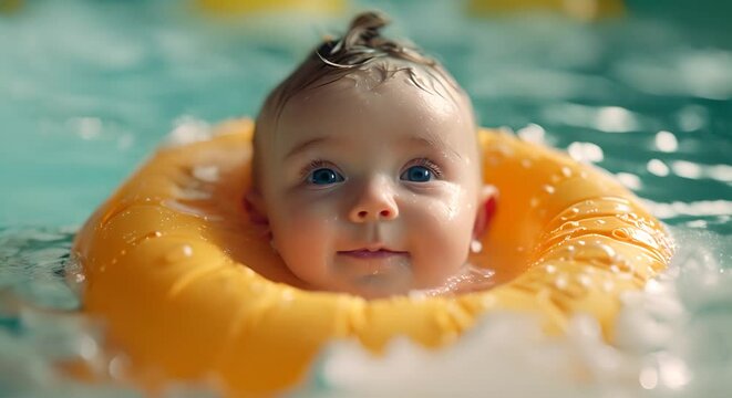 Baby floating wearing a donut. Baby enjoying in the jacuzzi. Spa for babies. Hydrotherapy session for children. Baby swimming. Baby float. Popular activity massage for babies 