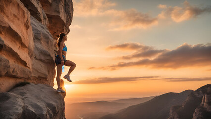 Athletic Woman climbing on overhanging cliff rock with sunset sky background. - obrazy, fototapety, plakaty