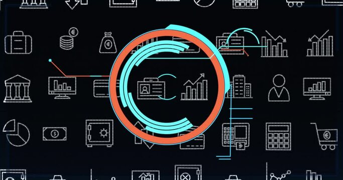 Animation of business icons and scope scanning over black background