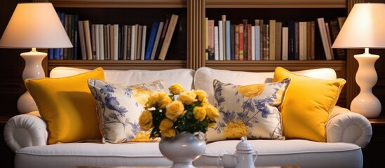 A cozy living room featuring a white couch adorned with vibrant yellow pillows. The room is bathed in natural light from a large window,