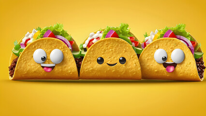a food tacos emoji on a yellow background. tacos cartoon. looking cute, adorable, and joyful. cartoon illustration. trendy style. banner advertising concept.