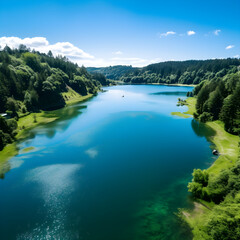 Fototapeta na wymiar Aerial Drone View of a Serene Lake Encased in Verdant Green Hills Under a Blue Sky