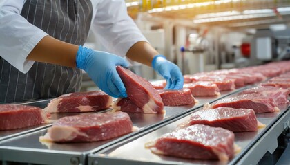 Meat or steak production line with hands of a worker wearing latex protective gloves - obrazy, fototapety, plakaty