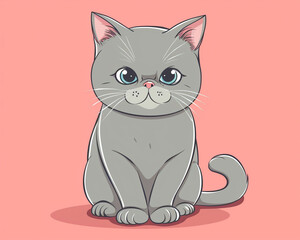 Cute cartoon British Shorthair with a gentle smile sitting on a pastel solid colored ground