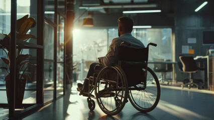 A businessman in a wheelchair gazes out the office window, embodying resolve and ambition.
