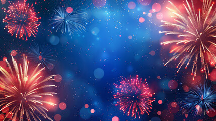 4th of July Fireworks. Red and Blue Background. Room for Copy. - obrazy, fototapety, plakaty