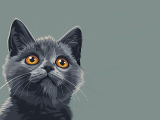 Adorable cartoon British Shorthair kitten looking curious on a minimalist solid hue backdrop
