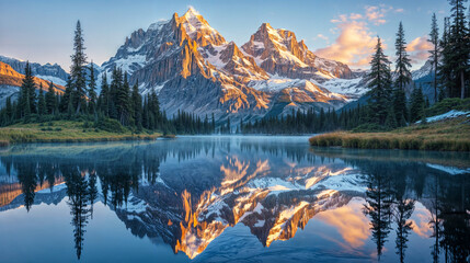 Panorama view of a majestic mountain landscape reflecting in a forest lake