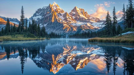 Foto auf Alu-Dibond Reflection Panorama view of a majestic mountain landscape reflecting in a forest lake