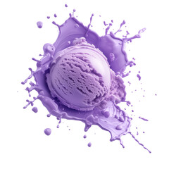 Lavender violet Ice cream scoop or ball with splash levitating and flying, isolated on white background. Top view