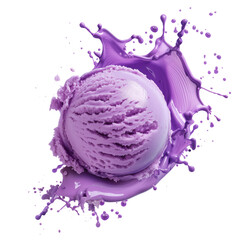 Lavender violet Ice cream scoop or ball with splash levitating and flying, isolated on white background. Top view