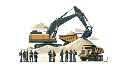 Detailed construction site vector with workers and machinery for design use