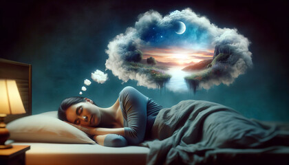 A serene scene of a woman sleeping soundly with a cloud-shaped dream above her, depicting a tranquil landscape under a starry sky with a crescent moon, AI generated. - obrazy, fototapety, plakaty
