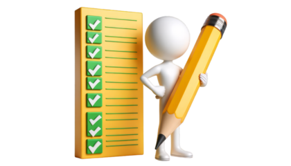 3D concept graphic of a figure with a checklist for project management and organization articles