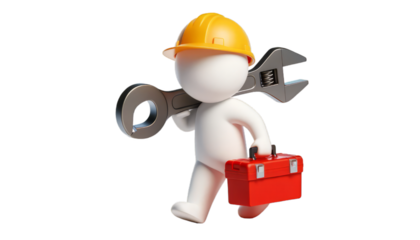 3D graphic of a worker character with tools for maintenance and repair service promotions
