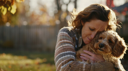 Tender moment as woman embraces her loving dog in a golden backyard glow.