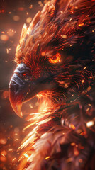 Fiery eagle with glowing eyes amidst embers, showcasing strength and majesty.