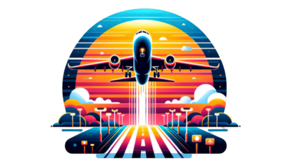 Vibrant vector of an airplane taking off ideal for travel agency advertisements and posters