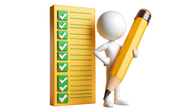 3D concept graphic of a figure with a checklist for project management and organization articles