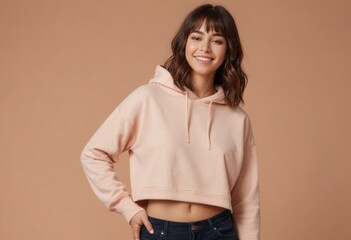 A casual young woman in a stylish hoodie, peach background. Her friendly demeanor and trendy outfit suggest a relaxed and fashionable sensibility.