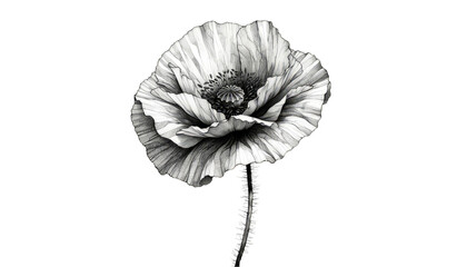 Detailed black and white illustration of a poppy flower for artistic and memorial day design elements