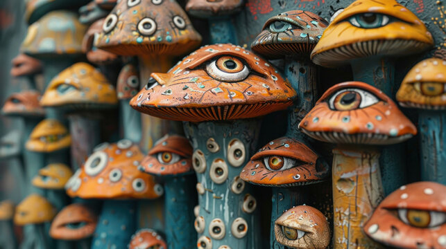 A captivating image of richly colored, ornate mushrooms with disturbing numerous eyes, delusion concept