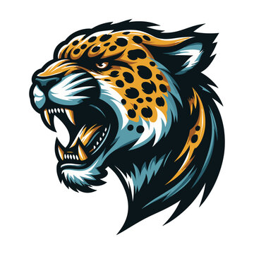 Wild roaring jaguar leopard head face vector illustration, zoology illustration, animal predator big cat design template isolated on white background