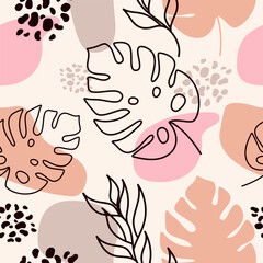 Seamless Pattern of Tropical leaves .Vector floral background in a trendy minimalistic linear style in pastel colors for printing packaging, fabric, t-shirts, covers, posters.Summer.Botany.Flowers.