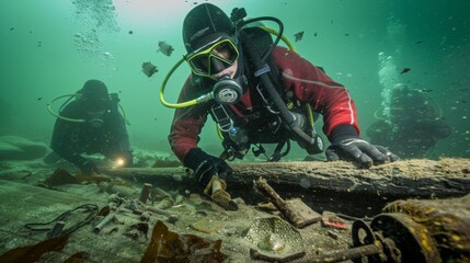 A team of divers carefully photograph and document artifacts found on underwater treasure hunt building a digital archive of discoveries and uncovering forgotten - obrazy, fototapety, plakaty