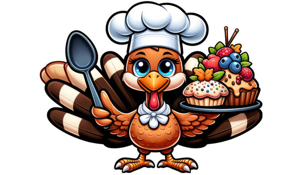 Cartoon character of a chef turkey with a spoon perfect for festive culinary designs