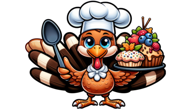 Cartoon character of a chef turkey with a spoon perfect for festive culinary designs
