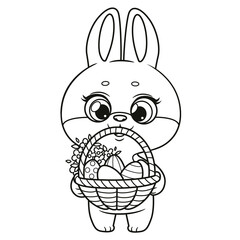 Cute cartoon bunny with basket with Easter decorated eggs outlined variation on a white background