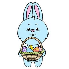 Cute bunny with basket with Easter decorated eggs outlined for coloring on a white background