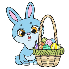 Cute cartoon bunny with basket of Easter decorated eggs color variation on a white background. Image produced without the use of any form of AI software at any stage