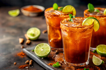 Spicy michelada cocktail with a chili rim and lime, traditional cinqo de mayo drinks. Mexican michelagua beer drink with tomato juice, clamato juice, lime, hot sauce and spices. Mexican bloody Mary