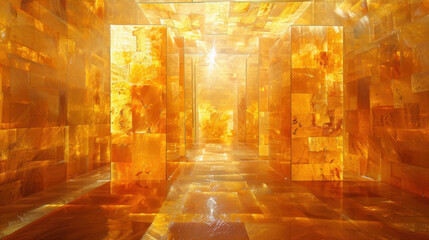 Imaginary interior of room with walls made of amber