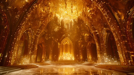 Supernatural cathedral with beams of golden energy